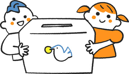 コインをくわえた鳩の絵が描かれた募金箱を持った二人の子供　イラスト素材
