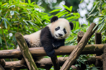 Obraz premium A young panda cub with striking black and white fur looks curiously at the camera while resting on a wooden structure surrounded by lush green bamboo.