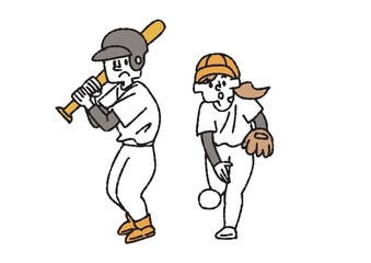 野球をしている男女の手書きイラスト