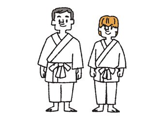 柔道をしている男女の手書きイラスト
