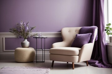 Farmhouse interior home design of modern living room with beige wing chairs and purple pillows in a purple walled room with copy space