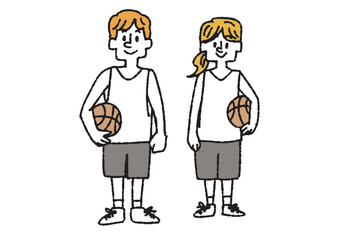 バスケットボールをしている男女の手書きイラスト