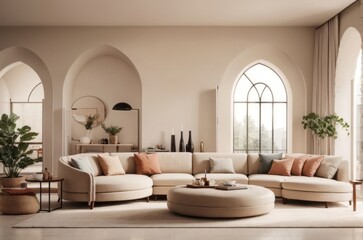 Interior home design of modern living room with beige sofa and round table at the arched window