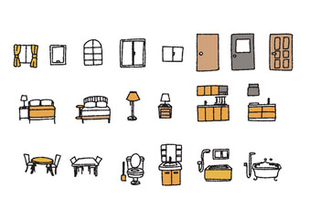 窓やドアなど家の設備やインテリアの手書きイラストセット