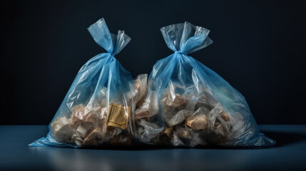 Two transparent plastic bags tied with blue ribbons, filled with natural cork stoppers against a dark background.