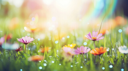 A sun-drenched field of multicolored wildflowers with dew drops sparkling in the morning light, symbolizing fresh beginnings.