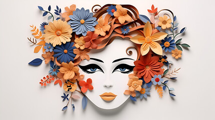 Abstract decorative female silhouette in profile with flowers in her hair as a symbol of spring, illustration for women's Day on March 8, copy space.generative ai