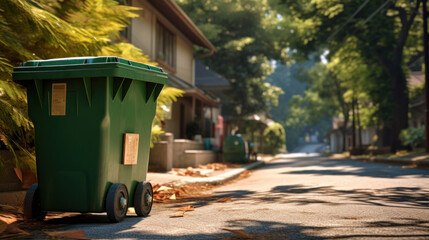 A green garbage bin on a quiet suburban street lined with trees, signifying cleanliness and urban...