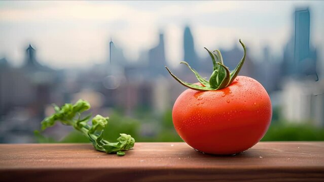 Closeup of a freshly picked red tomato from a rooftop vegetable garden, perfectly contrasting against the grey city buildings.