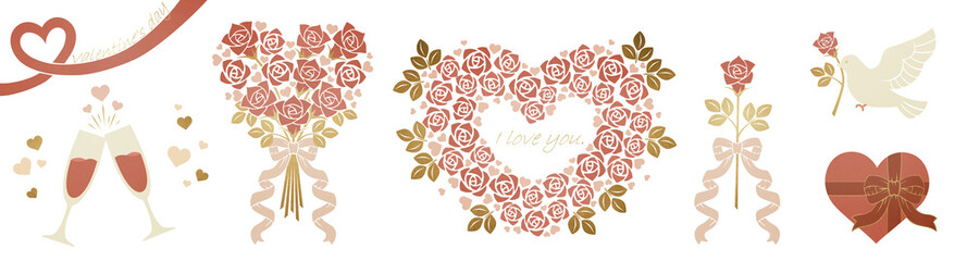 バレンタインデーの薔薇や贈り物のイラストセットClip art set of rose and gift for valentine's day