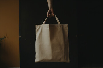 Organic blank natural cotton bag, two hands holding tote bag, Japanese and Scandinavian aesthetic