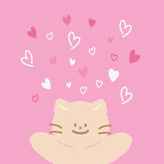 Valentine's Day card with cat cartoon character for print, pink background, banner, ads, wallpaper, love element, happy anniversary, backdrop, heart sign, love letter, social media post, logo