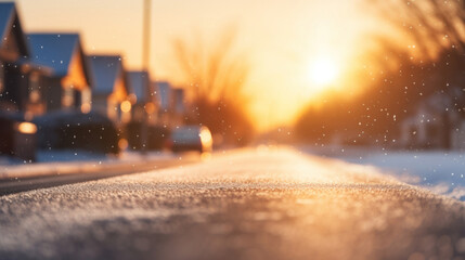 Sunset casting a golden glow on a snowy road in a residential neighborhood. - obrazy, fototapety, plakaty