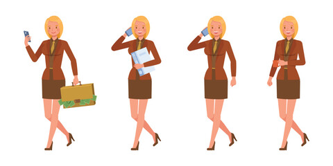 Fototapeta premium Set of working woman wear orange suit character vector design. Presentation in various action. Businesswoman working in office planning, thinking and economic analysis on isolated white background.