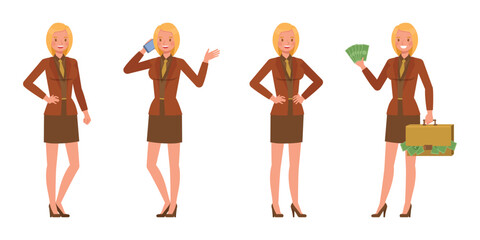 Set of working woman wear orange suit character vector design. Presentation in various action. Businesswoman working in office planning, thinking and economic analysis on isolated white background.