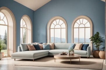 Interior home design of modern living room with beige sofa and blue pillows with blue walls, arched window with forest views