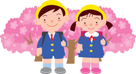 満開の桜と小学生
