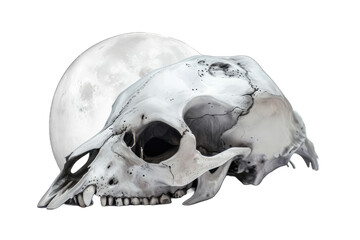 animal skull in the foreground with a full moon in the background