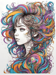 Obraz premium Geometric Woman in Vibrant Colors, with a headphone, Abstract Head with Shapes, Colorful Circles and Triangles Portrait, Modern Artistic Female Portrait, Mosaic of Shapes Woman's Head