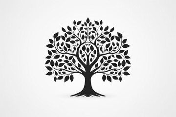 Black Tree Silhouette Isolated on White - Icon with Roots