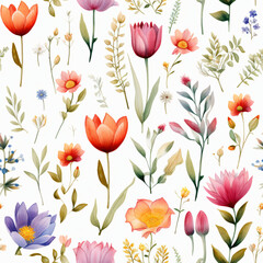 Seamless pattern of Asian flowers, watercolor, Wrapping paper pattern