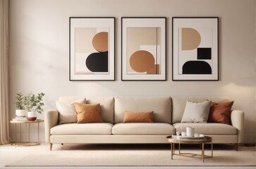 Interior home design of modern living room with beige sofa and white wall with art poster frames
