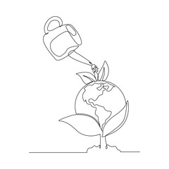 Continuous single line sketch drawing of the earth covered with plants is watered using a watering can. One line art of earth day save green concept vector illustration