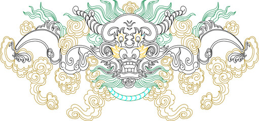 Sketch vector illustration design ornate sacred logo traditional ethnic symbol floral chinese dragon head