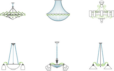 collection of vector sketch illustrations of classic ethnic vintage iron chandelier designs