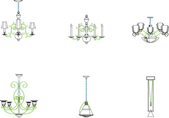 collection of vector sketch illustrations of classic ethnic vintage iron chandelier designs