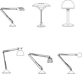 collection of vector sketch illustrations of classic ethnic vintage iron table lamp designs for studying