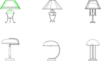 collection of vector sketch illustrations of classic ethnic vintage iron table lamp designs for studying