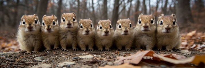 Group Curious Ground Squirrel Puppies Grass, Comic background, Background Banner - obrazy, fototapety, plakaty
