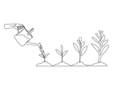 recommend clip art: Continuous single line sketch drawing of watering can plant tree seedling growth. One line art of nature agriculture farming economy growing vector illustration