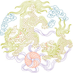 Vector sketch illustration of Chinese floral animal traditional ethnic symbol logo decoration design