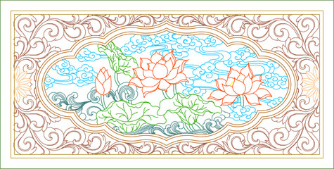Sketch vector illustration design ornate sacred logo traditional ethnic symbol floral chinese lotus flower.