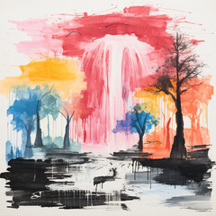 Kids drawing of a rainbow-colored waterfall by Generative AI