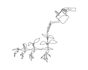 Continuous single line sketch drawing of watering can plant tree seedling growth. One line art of nature agriculture farming economy growing vector illustration © MuhammadZulfan