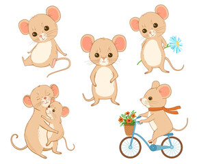 Cute mice character set. Vector cartoon flat illustration isolated on white background. Funny baby animal collection. Mouse riding bike with basket. Pet baby and mother
