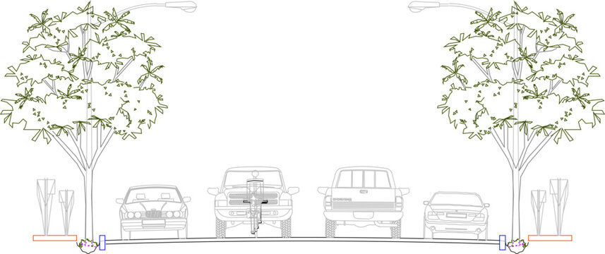 Vector sketch illustration of highway section design with landscape of trees and vehicles