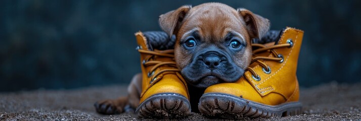 Mini Puppy Dog Bitting High Shoes, Comic background, Background Banner