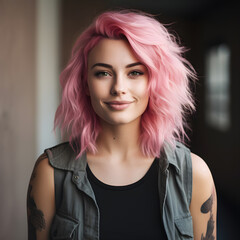Naklejka premium Girl with pink hair, Pink hair girl smiling, pink hair, pink hair tattoos, girl with tattoos, girl wearing black, 