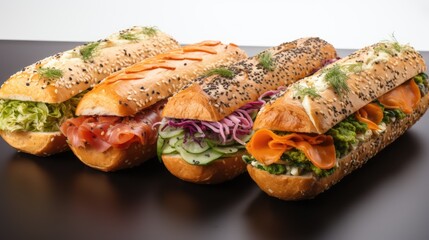 Collection of sub sandwiches with grains salmon cheese salami ham