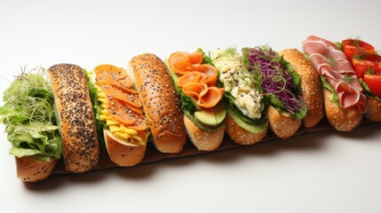 Collection of sub sandwiches with grains salmon cheese salami ham