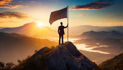 Silhouette businessman atop mountain holds blank flag, symbolizing success, leadership, and opportunity in bright sunlight