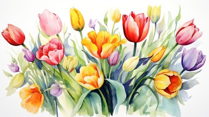 Obraz na płótnie Canvas Watercolour colorful Tulipss on white background. Watercolor Bouquet of Flowers greeting card. Postcard template with painted floral elements. Aquarelle Spring and summer romantic illustration
