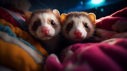 A pair of inquisitive ferrets peeking out from a cozy blanket fort, their shiny coats catching the light -Generative Ai

