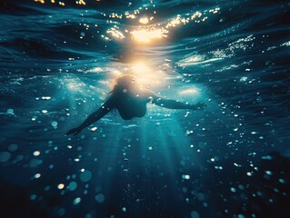 Abstract beautiful mermaid swimming in the ocean. Underwater snorkel diver in blue lagoon.
