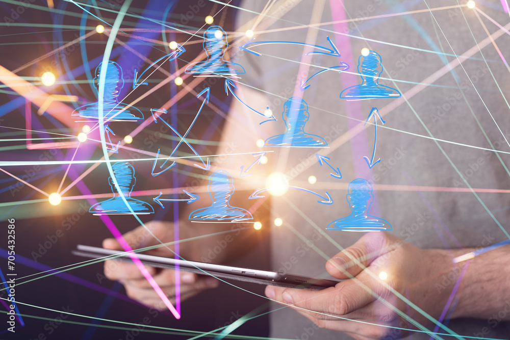 Poster Neural network 3D illustration. Big data and cybersecurity