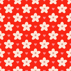 Seamless cute flower pattern on red background. Simple floral pattern vector.